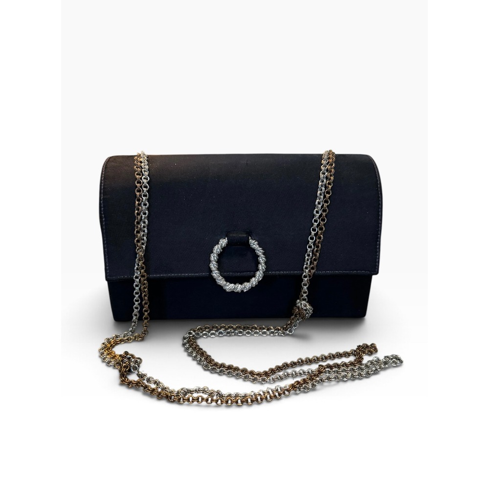 Black Satin Evening Trunk Clutch Mixed Metal Chain Silver Gold Tone Ring Bag